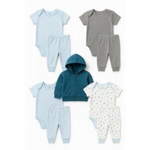 Baby Boy 6M Lot 9 Pieces (4 Bodysuit+Pants Outfits +  Hoodie)  Blue/Neutrals